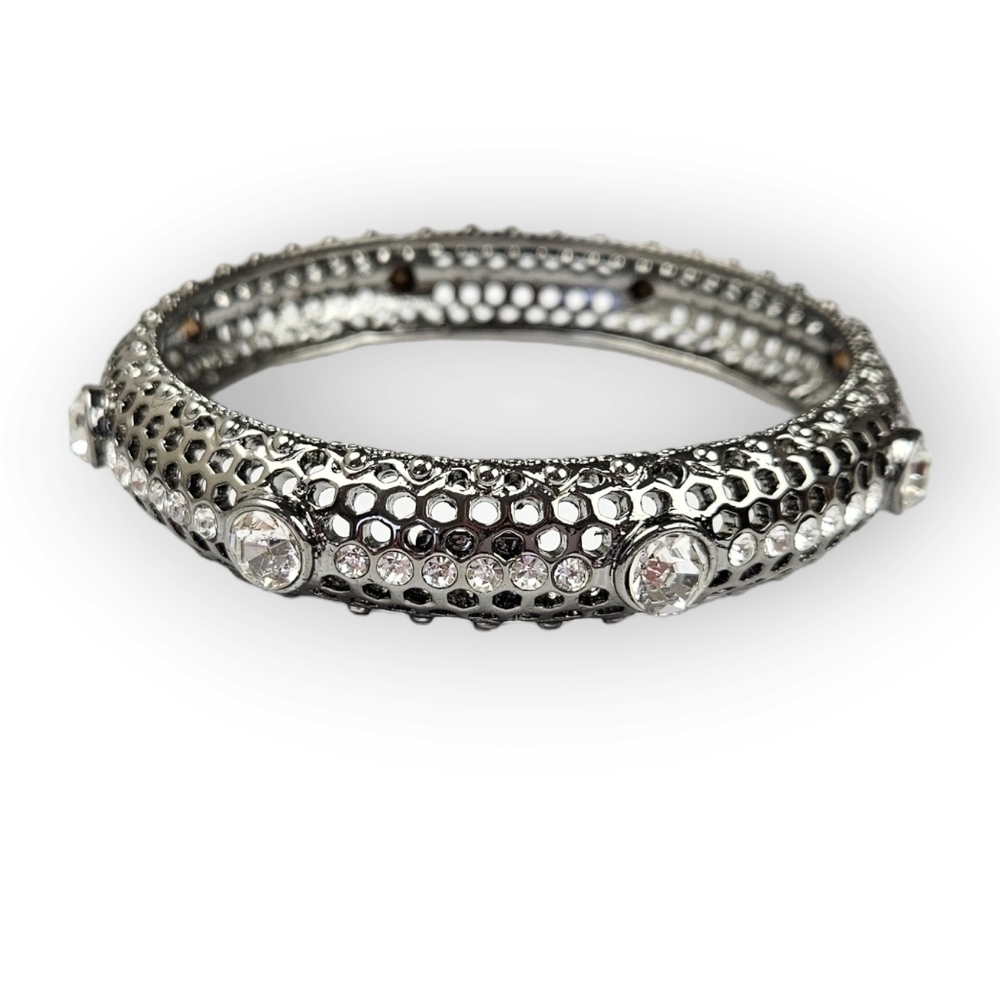Rhinestone Bangle Bracelet Chunky Perforated Dark Silver Tone Curved ~9" Around